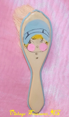 Image for Celluloid Baby’s/Child’s Hairbrush Rosy-cheeked Girl’s Face Cloche Hat Vintage 1920s-1930s Colorful Handpainted Baby Shower Gift Nursery Decor <b><span style='color:red'>***USPS FIRST CLASS SHIPPING INCLUDED – DOMESTIC ORDERS ONLY!***</span></b><span style='color:purple'>